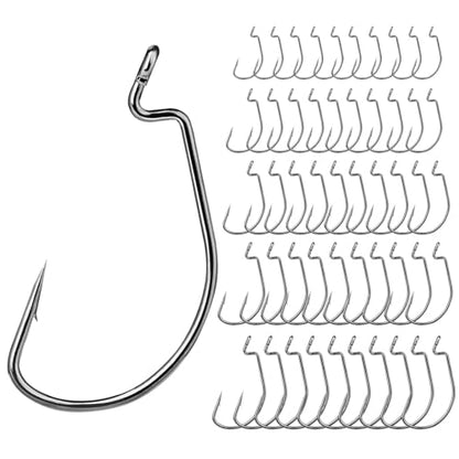 EWG Fishing Hooks 50Pcs Wide Gap Offset Worm Hook Sharp Strong Texas Rig Kit for Freshwater and Saltwater Fishing Multi-Size Set
