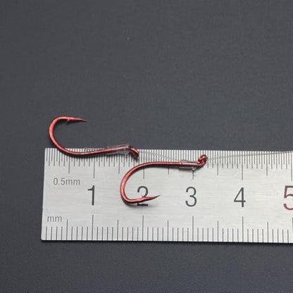 50pcs/Bag Premium Snelled Fishing Hooks Set, Red Coated Double Hook Design with Twin Uni Knot, Pre-Tied Clear Leader Line