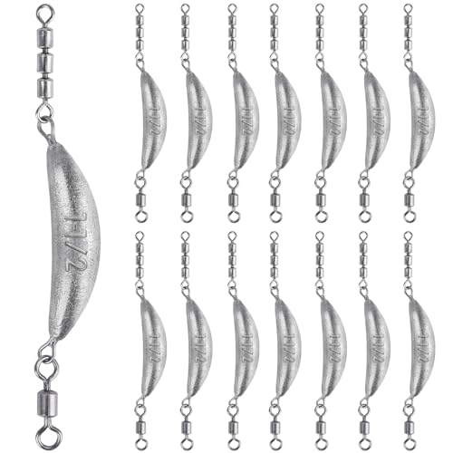 THKFISH Fishing Spin Sinker，Crescent Sinker with 3 Roller Swivels Fishing Sinker Drop Shot Weights Fishing Weights Kit Inline Trolling Sinkers,Torpedo Sinkers Saltwater Freshwater,1/2-6OZ, sliver - size: 1 1/2OZ
