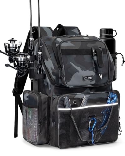 HXLGMD Fishing Backpack with Rod Holders,43L Large Water Resistant Tackle Bag Storage Gear and Equipment with Cooler for Men Fishing, Camping, Hiking, Khaki - color: Khaki Camo