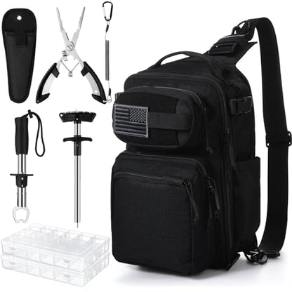 RoundFunny 9 Pcs Fishing Tool Kit Pliers Gear and Equipment Include Large Fishing Backpack, Tackle Box, Gripper, Plier, Lanyard, Hook Separator, Sheath, Patches - color: Black
