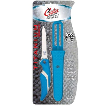 CUDA 3" Net Knife Saltwater & Freshwater Serrated Edge Titanium Bonded Stainless Steel Blade Knife with Non-Slip Scale Pattern Grip | Sheath Included