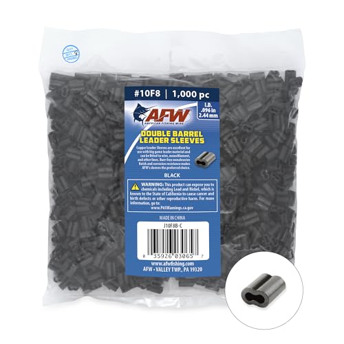 AFW American Fishing Wire Double Barrel Crimp Sleeves – Copper, Black Burr-Free & Corrosion Resistant Finish, Ideal for Rigging Fishing Leaders Over 90lbs, Packaged for Angler's Choice (Retail, Bulk) - size: 1000 Pieces, 0.096 -Inch Inside Diameter