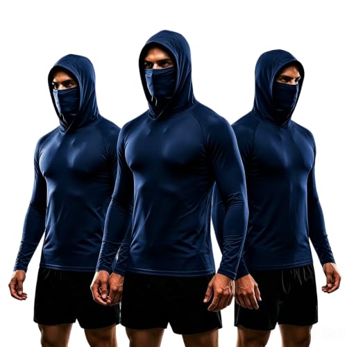 3 Pack Men's UPF 50+ Sun Protection Hoodies, Long Sleeve Moisture Wicking Shirts with Face Mask for Fishing - color: B【loose Fit】3 Pack, size: Large