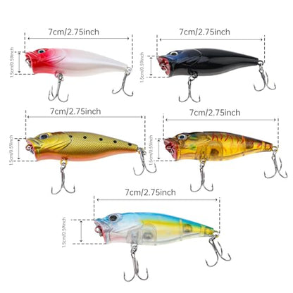5pcs Fishing Popper Lure, Colorful 3D Eyes Topwater Lures Bass Lures Fishing Hard Baits