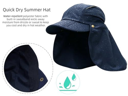 Men Women Safari Fishing Sun Cap with Removable Neck Flap UPF 50+ UV Protection Quick Dry Breathable Hats - color: Navy Blue