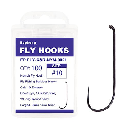 Eupheng Fly Fishing Hooks 100pc Pack Barbless Catch & Release Dry Wet Nymph Shrimp&Pupa, Streamer, Caddis, Jig, Scud Flies Fishing Hooks - color: EP Fly-C&R-NYM-0021, size: #10