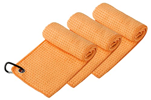Handy Picks Microfiber Golf Towel (16" X 16") with Carabiner Clip, Waffle Pattern Golf Towel Hook and Loop Fastener - The Convenient Golf Cleaning Towel - color: Orange