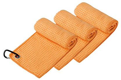 Handy Picks Microfiber Golf Towel (16" X 16") with Carabiner Clip, Waffle Pattern Golf Towel Hook and Loop Fastener - The Convenient Golf Cleaning Towel - color: Orange