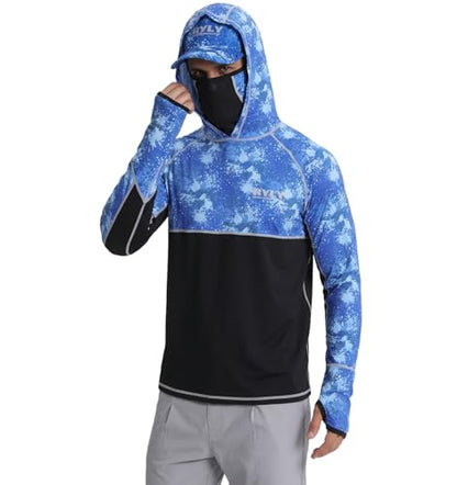 Men's Performance Fishing Shirts,Sun Protection Hoodie Long Sleeve UPF 50+ Hiking Shirt with Mask Cap - color: Blue 2, size: XX-Large