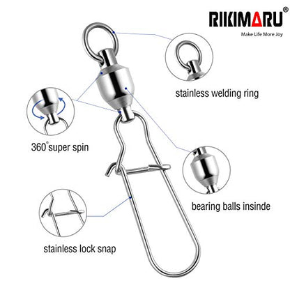 RIKIMARU Fishing Swivels Duo Lock Snap Ball Bearing Stainless Barrel Fast Fishing Lure Swivels High Speed Rotating - size: 5#-100LB-40pcs