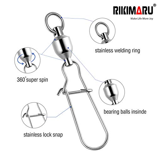 RIKIMARU Fishing Swivels Duo Lock Snap Ball Bearing Stainless Barrel Fast Fishing Lure Swivels High Speed Rotating - size: 8#-200LB-30pcs