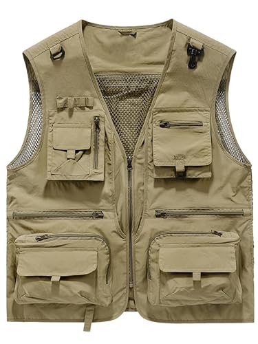 Lucrosun Men's Lightweight Outdoor Fishing Vest Utility Safari Vest with Pockets - color: Khaki, size: Large