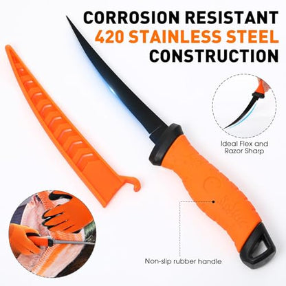 RoundFunny 10 Pcs Fishing Tool Kit, Fishing Pliers with Lanyard and Protective Sheaths, Landing Net, Fillet Knife, Fish Scale, Gripper, Hook Remover, Braid Scissors, Gloves for Men Dad Gift - color: Orange