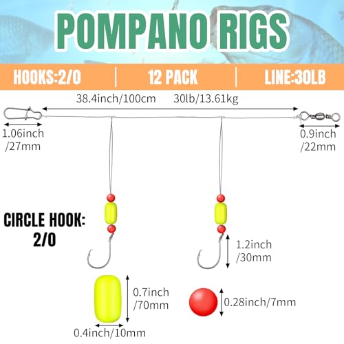 JellyArch 12 Pcs Pompano Rigs for Surf Fishing Offshore Surf Fishing Rigs Saltwater Gear Tackle with 2/0 Circle Hooks Double Circle Swivels Duo Lock Snaps - color: Yellow