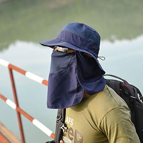 Fishing Hat for Men & Women, Outdoor UV Sun Protection Wide Brim Hat with Face Cover & Neck Flap - color: Dark Blue