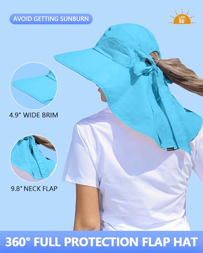 Womens Sun Hat Outdoor UV Protection Wide Brim Fishing Hat with Ponytail Hole Neck Flap for Beach Hiking Camping - color: Sky Blue