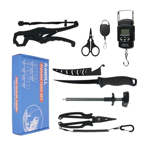 RAWILL Fishing Kit,Filleting Knife,Hook Remover,Fish Grip, Line Cutter,Fishing Scale, Pliers with Lanyards,Not Include Batteries - color: Black