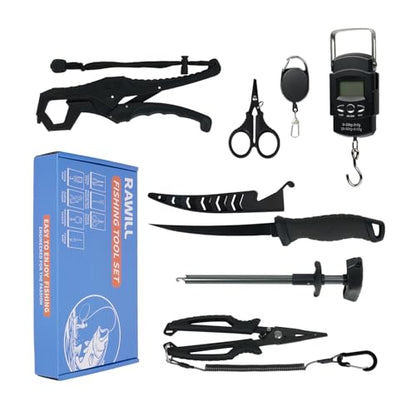 RAWILL Fishing Kit,Filleting Knife,Hook Remover,Fish Grip, Line Cutter,Fishing Scale, Pliers with Lanyards,Not Include Batteries - color: Black