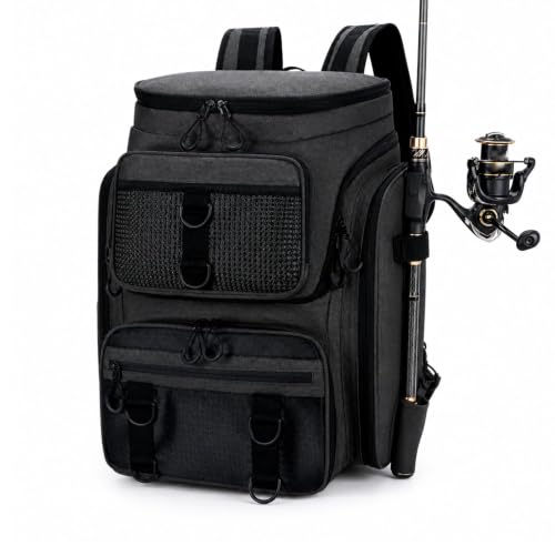 Lixada Fishing Backpack with Rod Holder, 42L Large Capacity Waterproof Oxford Fabric Tackle Backpack for Fishing, Hiking, Camping, 31x28x48cm Black Fishing Gear Bag - color: Black