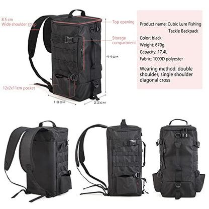Fishing Backpack, 2 Fishing Rod Holders Fishing Tackle Backpack Without 4 Tackle Boxes, 17.4L Large Storage Fishing Gear Bag for Trout Fishing Outdoor Camping Hiking black