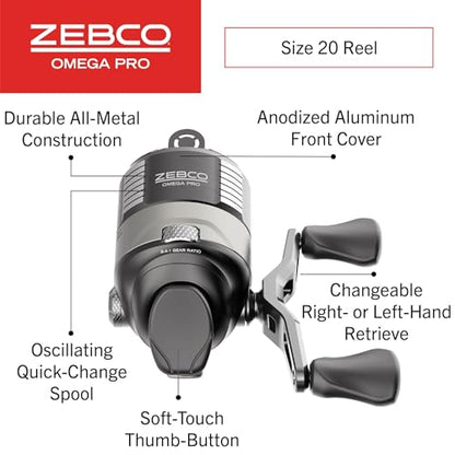 Zebco Omega Pro Spincast Fishing Reel, Dual Ceramic Pick-up Pins, Solid-Brass Pinion Gear, GlideLine ll Line Retrieval System, Pre-Spooled - size: 20 (Clam Pack)