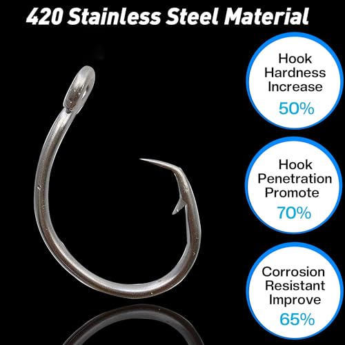 Circle Hooks Saltwater, 40pcs Stainless Steel in-line Straight Eye Tuna Circle Hook Extra Strong Wire Short Shank Fishing Hooks for Tuna Bass Catfish