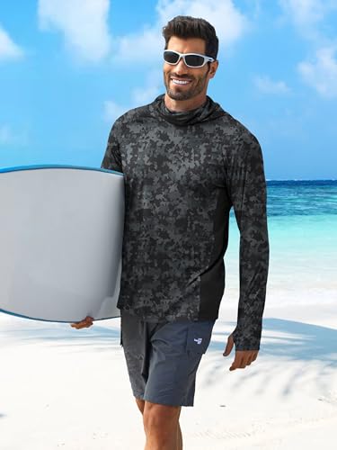 PINSPARK Men's Sun Protection Hoodie with Mask UPF 50+ UV Long Sleeve Shirt Men Rash Guard Performance Fishing Hiking Shirt - color: Black Camouflage, size: Medium