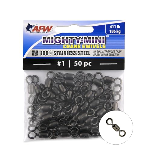 AFW American Fishing Wire Fishing Swivels - Mighty Mini 100% Stainless Steel Crane Swivels, 3X Stronger Than Brass, for Terminal Tackle Box, Up to 600lb Test - Fishing Gear for Fishing Line Leaders - size: 50 Pieces, 411 Pound Test
