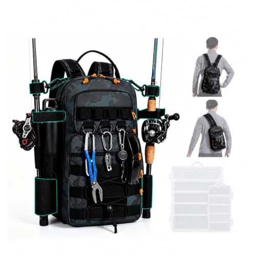 2 in 1 Compact Tactical Fishing Backpack with Tackle Boxes, Lightweight Waterproof Tackle Bag Fit 2 * 3600 Tackle Boxes, 2 Rod Holders Storage, Fishing Accessories Gift for Men Green - color: green