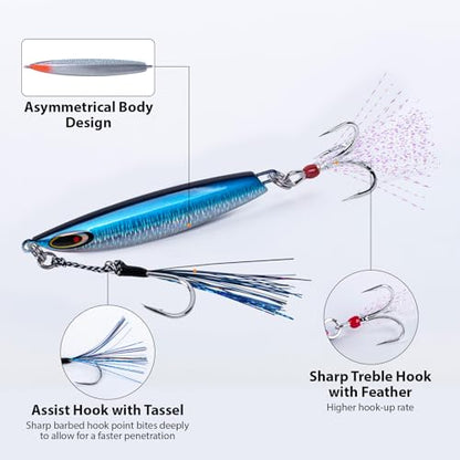 Goture Fishing Jigs, 30g 40g 50g 60g Vertical Jig Saltwater Freshwater, Jig Lures with Assist Hook and Treble Hook, 5PCS Jigging Spoon Lures with Tackle Box, Fishing Jigs for Tuna, Salmon, Bass - color: A2 with Tackle Box, size: 30g