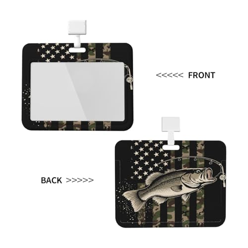 Rugged Bass Fishing American Flag Patriotic Camo Fishing Art Durable ABS Badge Holder with Sliding Cover & Neck Strap