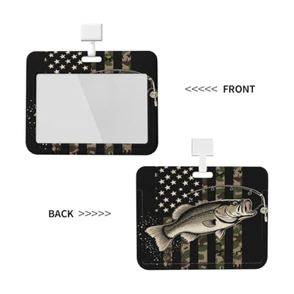 Rugged Bass Fishing American Flag Patriotic Camo Fishing Art Durable ABS Badge Holder with Sliding Cover & Neck Strap
