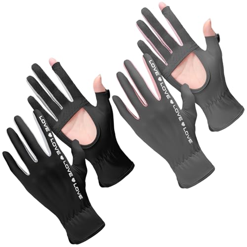 Hercicy 2 Pairs Women Sun Protection Summer UV Driving Gloves UPF 50+ Full Finger Touchscreen Non Slip Gloves - color: Gray, Black