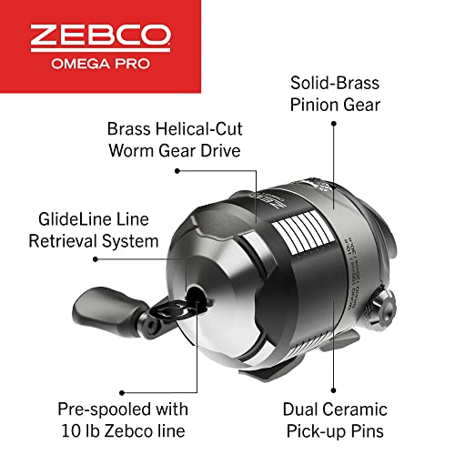 Zebco Omega Pro Spincast Fishing Reel, Dual Ceramic Pick-up Pins, Solid-Brass Pinion Gear, GlideLine ll Line Retrieval System, Pre-Spooled - size: 30