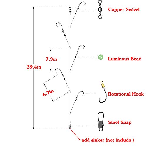 Fishing Hook with Leader,5 Hooks Fishing Rig-7 Strands Nylon Coated Fishing Leader with Swivle,Snap,Hooks - color: 5 hooks rig, size: 14#