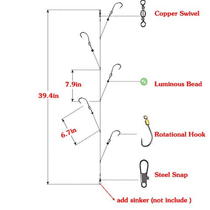Fishing Hook with Leader,5 Hooks Fishing Rig-7 Strands Nylon Coated Fishing Leader with Swivle,Snap,Hooks - color: 5 hooks rig, size: 15#