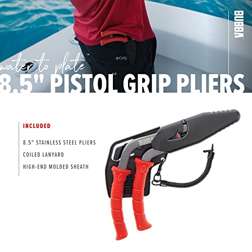 BUBBA Pistol Grip Stainless Steel Pliers, Spring Loaded with Crimping Tool and Anvil Cutter, Lanyard Hold and Sheath