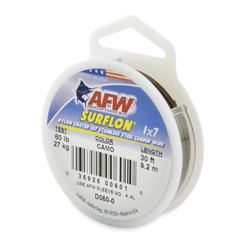 American Fishing Wire Surflon Nylon Coated 1x7 Stainless Steel Wire Leader - Wire Fishing Leader Line for Saltwater 10lb Up To 250lb Test in Bright, Black, Camo in 30ft, 100ft, 300ft, & 1000ft Lengths - color: Camo, style: 30 Feet, 60 Pound Test