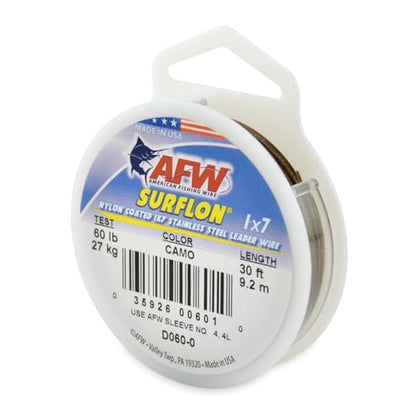 American Fishing Wire Surflon Nylon Coated 1x7 Stainless Steel Wire Leader - Wire Fishing Leader Line for Saltwater 10lb Up To 250lb Test in Bright, Black, Camo in 30ft, 100ft, 300ft, & 1000ft Lengths - color: Camo, style: 30 Feet, 60 Pound Test