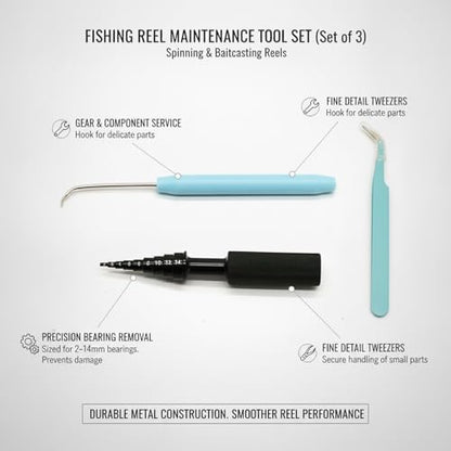 Fishing Reel Maintenance Tool Set, Metal Bearing Service Tool and Gear Service Kit for Spinning and Baitcasting Reels (Set of 3) - color: Black