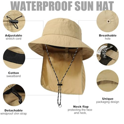 Waterproof Sun Rain Hat for Women Wide Brim UPF50+ UV Protection Packable Men Bucket Safari Fishing Hat with Neck Flap - color: Khaki