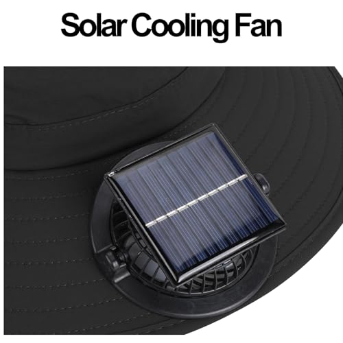 Extra Wide Brim Solar Fan Hat, Mens Fishing Hat with Fan, Neck Flap Sun Hat, UPF 50+ Solar Powered Cooling Cap Fisherman Hats - color: Black