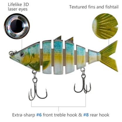 BASSDASH Bone Swimbait Multi Jointed Hard Fishing Lure for Bass Trout Bluegill Pike with Angled Cut Segments - color: Threadfin