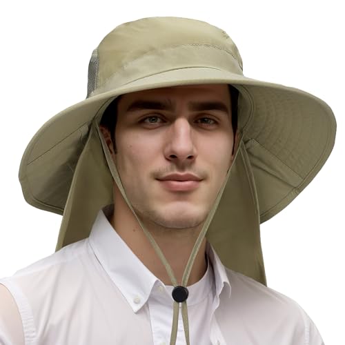 Catalonia Sun Hat for Men,Outdoor Wide Brim Hat with Neck Flap Cover for Fishing Hiking Safari Gardening - color: Olive / Side Mesh