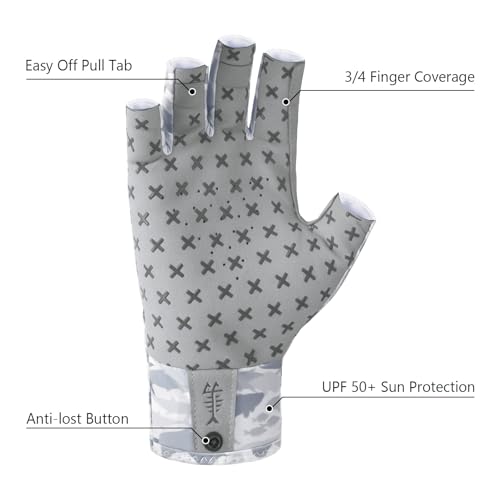 BASSDASH 3/4 Finger UPF 50+ Sun Gloves Breathable Anti-Slip Silicone Palm for Men Women Fishing Fingerless Cycling Running - color: Grey Fishes, size: Large