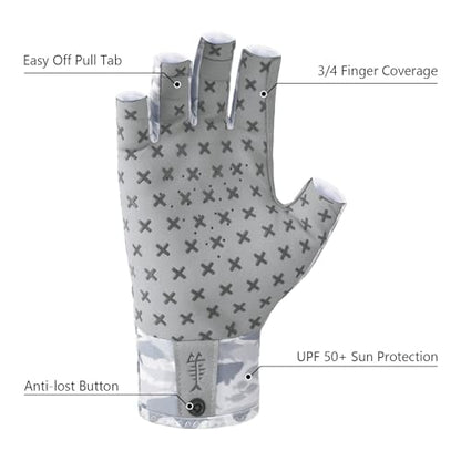 BASSDASH 3/4 Finger UPF 50+ Sun Gloves Breathable Anti-Slip Silicone Palm for Men Women Fishing Fingerless Cycling Running - color: Grey Fishes, size: X-Large