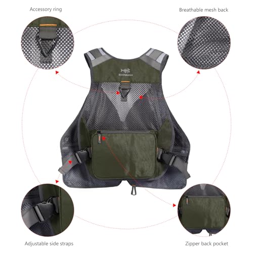 BASSDASH Strap Fishing Vest Adjustable for Men and Women, for Fly Bass Fishing and Outdoor Activities - color: Dark Green