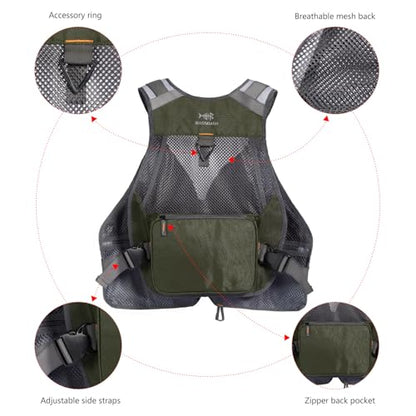 BASSDASH Strap Fishing Vest Adjustable for Men and Women, for Fly Bass Fishing and Outdoor Activities - color: Dark Green