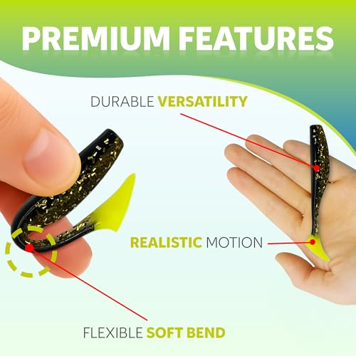 Soft Plastic Paddle Tail Swimbaits – 3 1/4", 4" & 5" Soft Plastic Fishing Lures with Extra-Large Tail for Lifelike Swimming Action – Freshwater & Saltwater - color: Gold with Chartreuse Tail, size: 3 1/4 Inch - 12 Pack